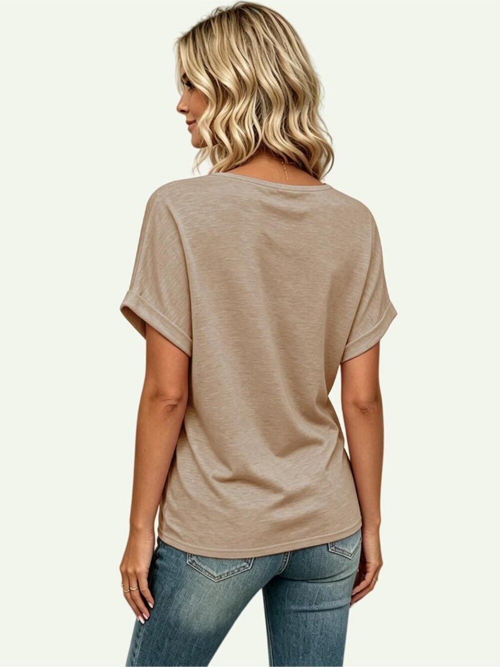Women's Khaki Summer Short Sleeves V Neck Casual Beach Vacation Fashion Tops - Picture 4 of 6